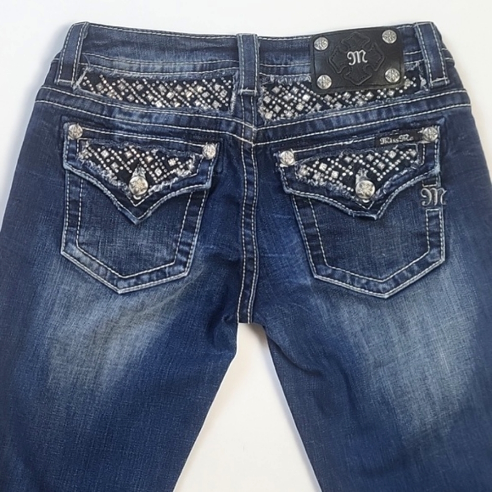 Miss Me Signature Skinny Dark Wash Distressed Studded Rhinestone Bling Jean